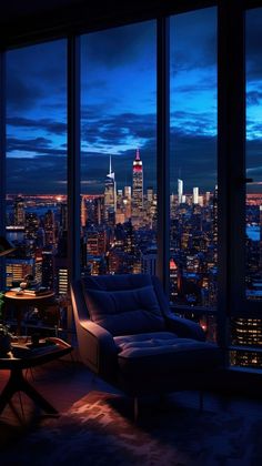 a living room filled with furniture and large windows overlooking the city lights at night time