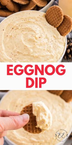 eggnog dip in a white bowl with crackers