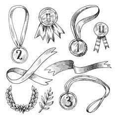 an ink drawing of ribbons, laurels and medals with the number one on them