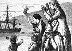 an old black and white drawing of a man with two children looking at a ship