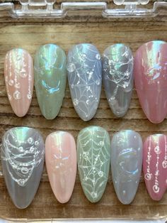 Celestial soft fairycore gel x press on nails #nails #gelx #fairy #aesthetic Fairy Like Nails, Celestial Gel Nails, Ethereal Acrylic Nails, Winter Fairy Nails, Fairy Theme Nails, Fairy Nails Short, Fairy Tail Nails, Elven Nails, Blue Fairy Nails