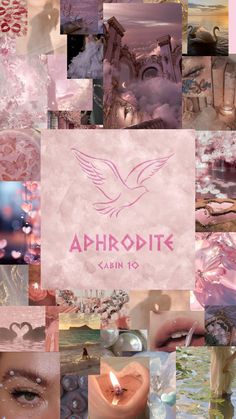 a collage of photos with the words aphrodite written in pink and white