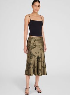 A fluted silk charmeuse skirt printed with clusters of roses and leaves for an ultra-feminine look and feel. Cut on the bias for a flattering slim fit. Ultra Feminine, Mother Denim, Blazer And Shorts, Silk Charmeuse, Back Women, Summer Fabrics, Feminine Look, Club Monaco, Outerwear Sweater