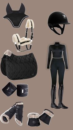 an assortment of equestrian equipment including boots, gloves and hats