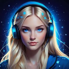 a woman with headphones on her ears and stars in the sky behind her is looking at the camera