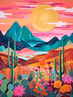 a painting of cactus plants and mountains at sunset