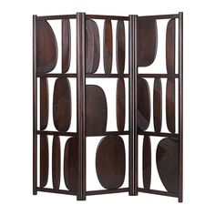 a room divider made out of wood with circles on the top and bottom panel