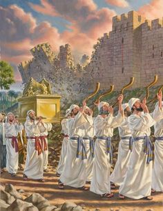 a painting of men in white robes holding up snakes and standing next to each other