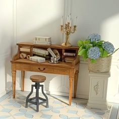 a wooden desk sitting next to a potted plant on top of a tiled floor