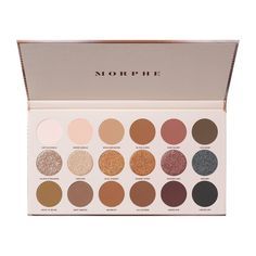 18 Trending Nudes. Meet a palette of ultraversatile, universally flattering neutrals formulated to build, blend, and layer flawlessly, then curated to create ambitious effects in just three steps. Each column features three complementary shadows to define, shine, and add depth in an instant for effortless looks you'll feel naked without. SHADE NAMES Row 1: Untouchable (matte cream), Sheer Ambition (matte beige), Headline Nudes (matte tan), In The Flesh (matte caramel), Raw Talent (matte rose), L Morphe Palette, Goal Digger, Sunset Strip, Lipstick Queen, The Flesh, Pink Champagne, Tinted Moisturizer, Makeup Palette, Lipstick Lip