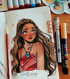 a drawing of a girl with long brown hair and necklaces on her neck, next to some crayons