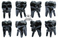 six different types of teeth with black plastic coverings on them, all showing the same size and shape