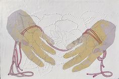 two hands are touching each other with red string on their fingertipss and white background