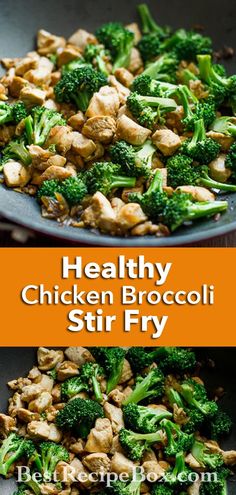 healthy chicken and broccoli stir fry in a wok with the title above it