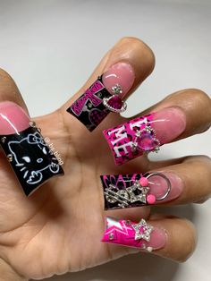 #nails Hello Kitty Duck Nails, Y2k Hello Kitty, Retro Nails, Punk Nails, Duck Nails, Edgy Nails, Grunge Nails, Girly Acrylic Nails