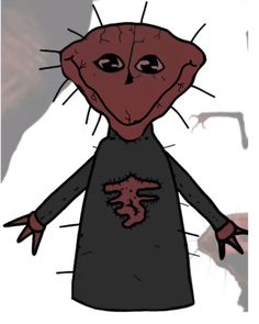 a drawing of a cartoon character wearing a black dress and holding his hands out in front of him