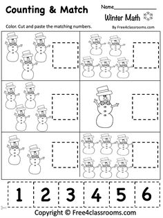 the printable worksheet for counting and matching numbers to make snowman faces