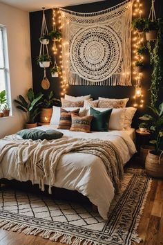 a bedroom decorated with plants and lights