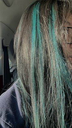 Teal Blue Hair Highlights, Teal Streaks In Black Hair, Teal Highlights In Black Hair, Teal And Brown Hair, Teal And Black Hair, Black And Teal Hair, Mint Highlights, Shy Aesthetic, Teal Hair Highlights