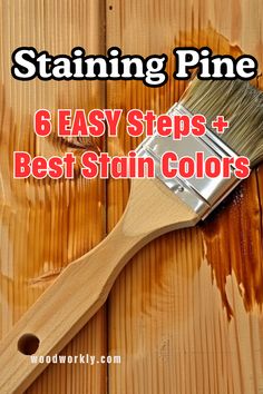 a paint brush with the words staining pine 6 easy steps and best stain colors