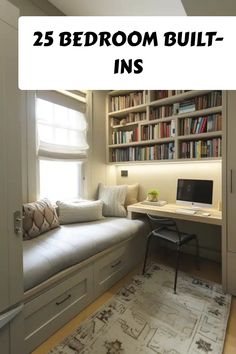 a bedroom built into the side of a wall with bookshelves and a window