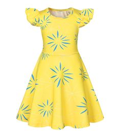 a yellow dress with blue flowers on the front and back, it's short sleeves