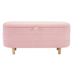 a pink bench with wooden legs and a button on the top, in front of a white background