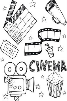 a black and white drawing of cinema related items with the words cinema written below it