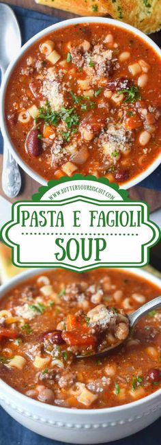 two bowls of pasta e fagioi soup with bread in the background