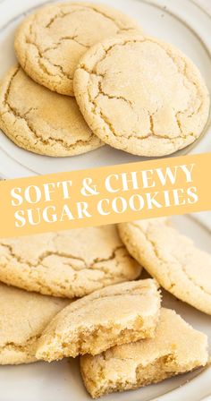 soft and chewy sugar cookies on a white plate with the words, soft & chewy sugar cookies