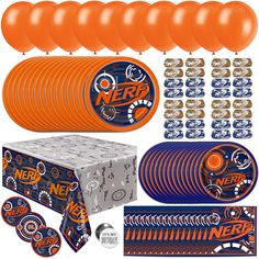 an assortment of orange and blue party supplies