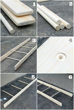 the steps to make a diy dollhouse bed frame with wooden dows and pegs