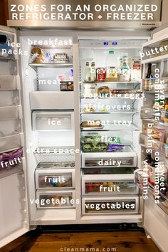 an open refrigerator filled with lots of different types of food and drinks on it's doors