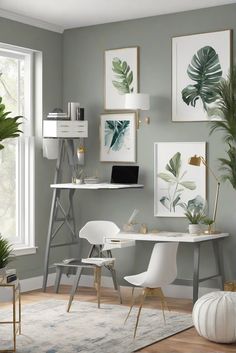 a living room filled with furniture and pictures on the wall next to a table in front of a window