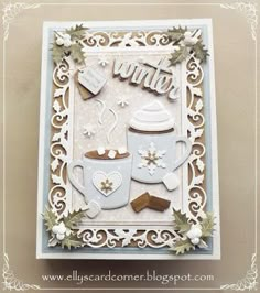 a card with coffee cups and other items on it, in the shape of a frame