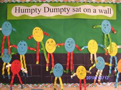 a bulletin board with some cartoon characters hanging on it's sides and the words humpty dumppy sat on a wall