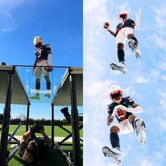 two pictures of a person jumping in the air with a football and an american football