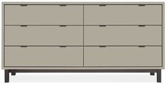 a large gray dresser with six drawers and two doors on one side, in front of a white background