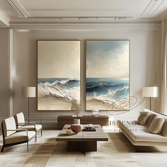 a living room with two paintings on the wall