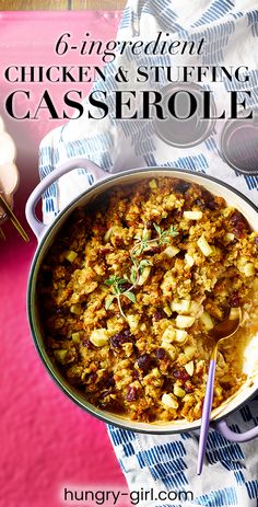 chicken and stuffing casserole in a pot with a spoon