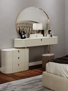 a bedroom with a vanity and mirror in it