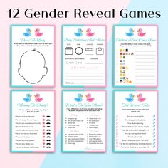 the 12 gender reveal game is shown in blue, pink and white with an image of a