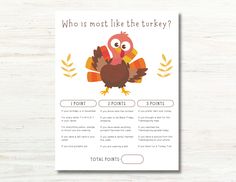 a thanksgiving card with an image of a turkey and leaves on the front, which reads who is most like the turkey?