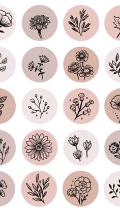 the different types of flowers are drawn in black and white on pink circle shapes, each with