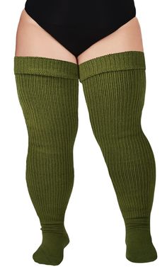 Colorful: Army Green  
 Features: 60% Acrylic Yarn, 25% Stretch Yarn, 15% Polyester, keep warm, keep fashion.  
 Three Wear Ways: Thigh High Socks, Over the Knee Socks, Slouch Socks  
 Adjustable closure  
 Machine washable in cold water only  
 One Size: US 6.5 - 10  
 
 Packing List:  
 1*pair of Plus Size Thigh High Socks  
 1* pair of Garter Belts   Description   Moonwood Wear's Women's Plus Size Thigh High Socks in Army Green are a stylish and comfortable accessory designed for women with larger legs. These socks offer a stretchy and comfortable fit that stays in place without slipping down. They are crafted from a high-quality blend of materials, including cotton, polyester, and spandex, which provide a soft and breathable feel that keeps feet warm without causing discomfort or irri Green Thigh High Socks, Plus Size Thigh High Socks, Plus Size Thigh, Thigh Garter, Lace Stockings, Slouch Socks, Garter Belts, Leg Warmer, Stockings Legs