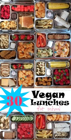 an image of a lunch box with food in it and the words vegan lunches for school