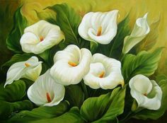 a painting of white flowers with green leaves