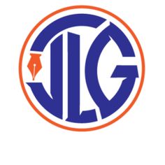 an orange and blue logo with the letter dg in it's center on a white background