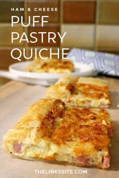 ham and cheese puff pastry quiche on a baking sheet with the title overlay