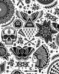 a black and white drawing of tattoos